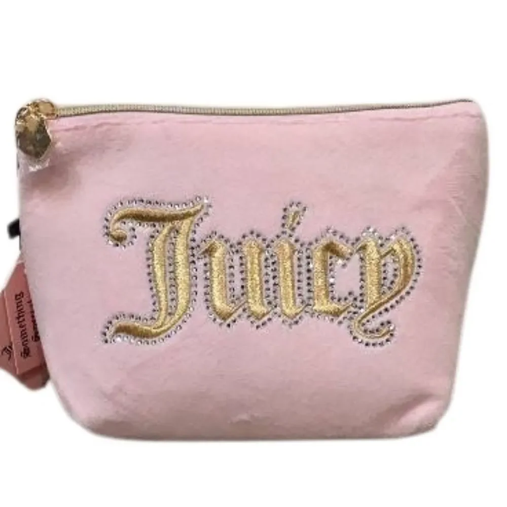 Juicy Couture Gold Signature Logo‎ Embossed Rhinestone Velour Cosmetic Pouch